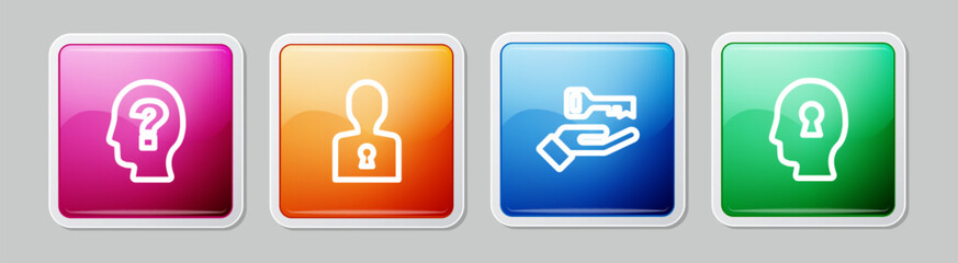 Set line Head with question mark, Solution to the problem, and . Colorful square button. Vector