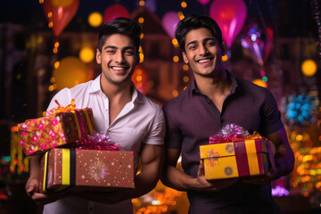 Two young man giving gifts to each other on traditional festival or event - obrazy, fototapety, plakaty