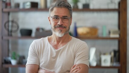 Portrait of happy, confident older man at home looking at camera smiling. Mature age, middle age, mid adult casual guy in 50s, bearded, gray hair, wearing glasses. - 658615677
