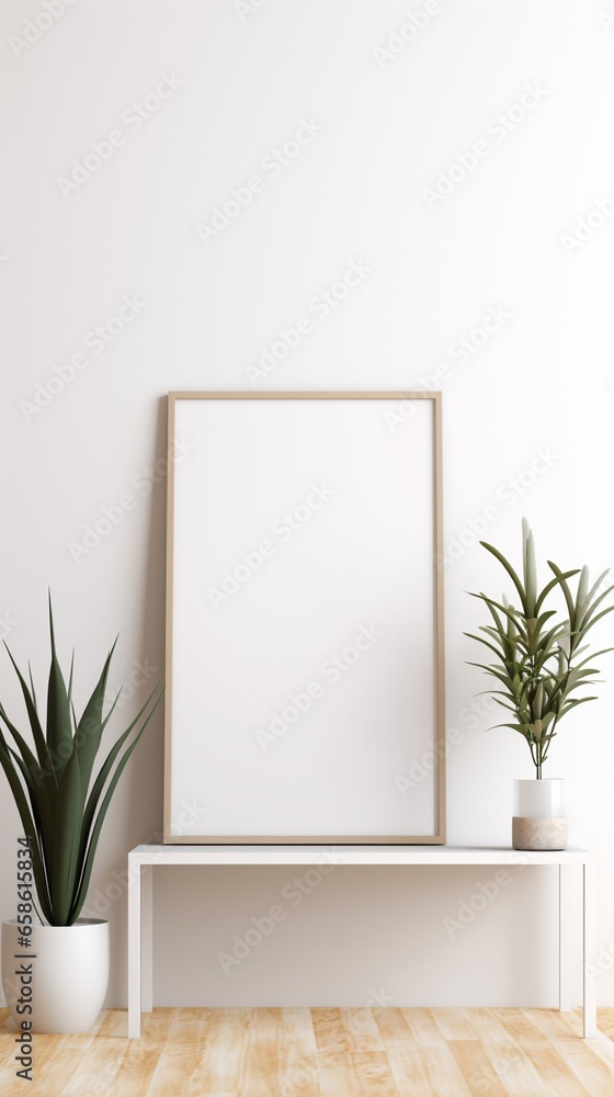 Poster a minimalist empty frame mockup on a plain white wall, creating a clean and sophisticated look.