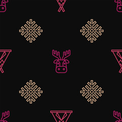 Set line Indian teepee or wigwam, Snowflake and Deer head with antlers on seamless pattern. Vector © Kostiantyn