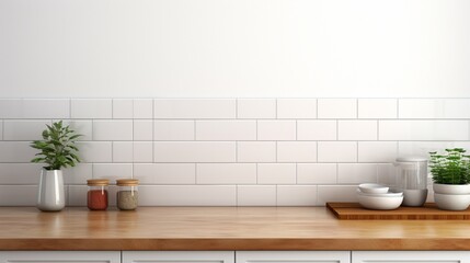Fototapeta na wymiar A minimalist kitchen with a blank frame on a white subway tile wall.