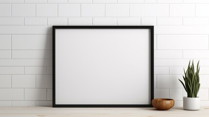 A minimalist kitchen with a blank frame on a white subway tile wall.