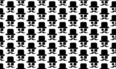 pattern background with the image of a smiling person's face, wearing an eye patch like a small black-eyed pirate, long mustache, wearing a hat