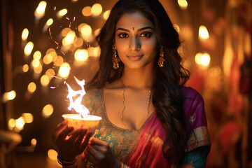 Obraz na płótnie Canvas indian woman holding oil lamp in hand, celebrate diwali festival.