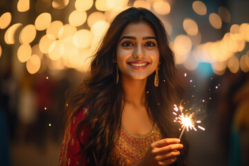 Young indian woman celebrating diwali festival at home