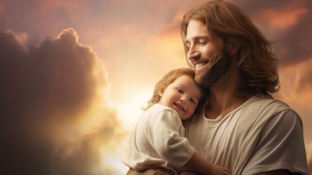 Jesus god smiling with baby in the sky 