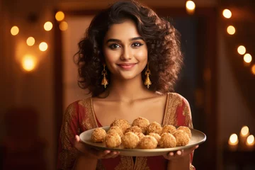 Fotobehang Young indian woman holding sweets or laddoo plate in hand © Niks Ads