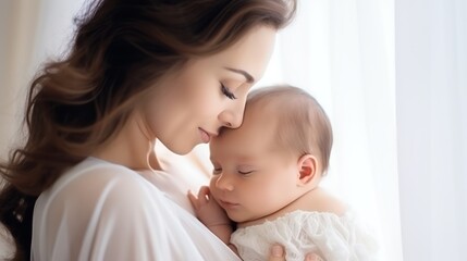 cheerful beautiful young woman holding baby in her hands