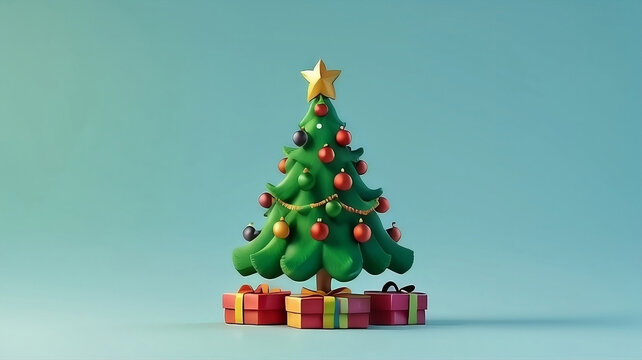 Christmas tree with presents on homogeneous background. Minimalistic cartoon style