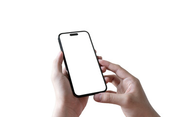 adult hands holding smartphone blank touch screen isolated on  background.