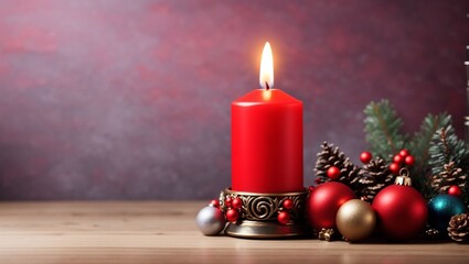 Red Candle With Christmas Decoration with copy space

