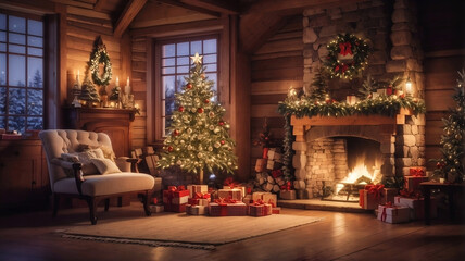Fototapeta na wymiar Cozy Christmas interior of a wooden house. Fireplace and armchair with plaid, decorated fir tree. Quiet evening