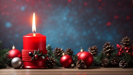 Red Candle With Christmas Decoration with copy space

