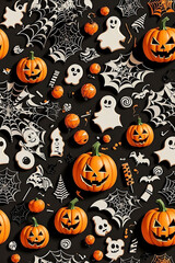 Seamless pattern with symbols of Halloween. Pumpkins (Jack-o’-lanterns), ghosts, bats, spider webs	