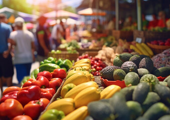 Summer farmers market with fresh vegetables and fruits and people.Macro.AI Generative