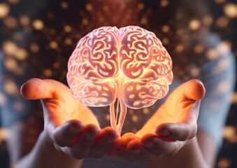 Glowing brain in female hands.Take care of your life and mental health concept.Macro.AI Generative