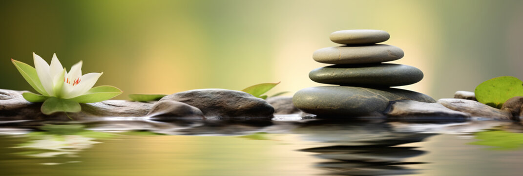 Balanced rock stack in pyramid shape, lotus flower, pond, reflections, peaceful and serene scene