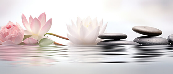 Immersive panoramic Zen composition evoking feelings of well-being and relaxation, space for text
