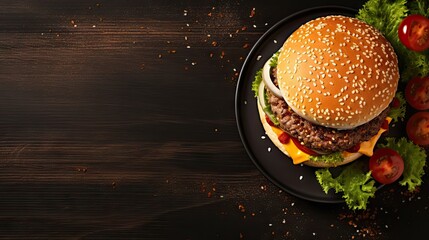 Burger on plate with fresh cheeseburger, top view with space for text.