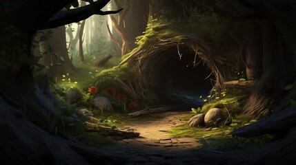 Tranquil woods scene with a discreet bird nest hidden in a tree hole