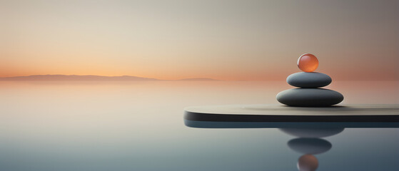 Immersive panoramic Zen composition evoking feelings of well-being and relaxation, space for text