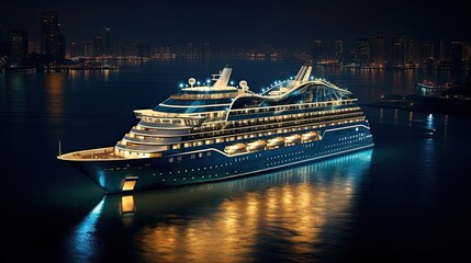 cruise ship at night in the seaside - obrazy, fototapety, plakaty