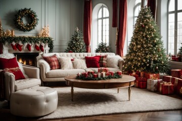 The beautiful white light guest room is decorated with a Christmas tree, red socks and gift boxes....