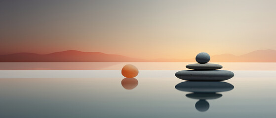 Panoramic scene of zen aesthetics, empty space, well-being, relaxation, harmony and visual balance