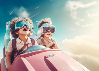 Two cute kids enjoy driving cyber car in the air. Fun happy scene of childhood with a futuristic electric automobile. - obrazy, fototapety, plakaty