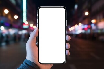 Blank smartphone mock up. Hand holds phone with an empty screen on a night city background. AI generated - obrazy, fototapety, plakaty