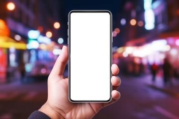 Blank smartphone mock up. Hand holds phone with an empty screen on a night city background. AI generated