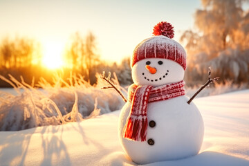 Obraz premium Winter scenery with snowman in snowdrift. Merry Christmas and Happy New Year greeting card. 