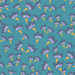 Abstract floral seamless pattern. Bright colors, gouache painting. Outline contour lines forming stylized flower petal with stem. Curved lines and brush strokes.