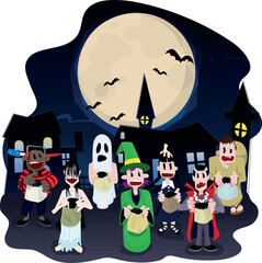 Halloween - Trick-or-Treaters in Spooky Night- Seven kids - Wednesday, vampire, Hunchback, witch, zombie, spook, scary girl - All kids asking for candy in the neighborhood, at Halloween night
