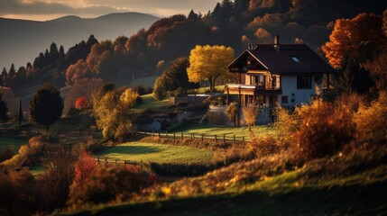 Fototapeta premium Valley with beautiful houses at sunset in the autumn