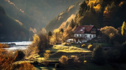 Valley with beautiful houses at sunset in the autumn