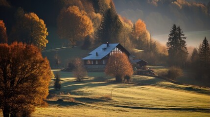 Valley with beautiful houses at sunset in the autumn - obrazy, fototapety, plakaty