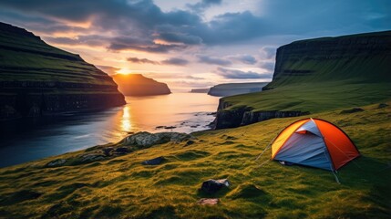 The Faroe Islands have steep cliffs. Seaside fjords, waterfalls and fields