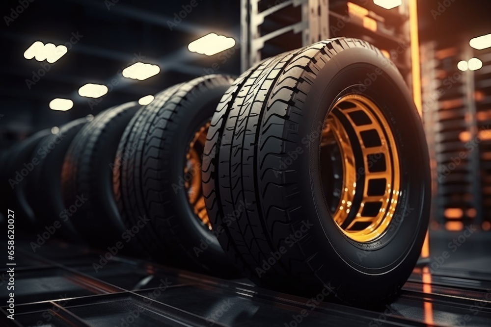 Aufkleber a row of tires sitting on top of a metal shelf. this image can be used to illustrate automotive main