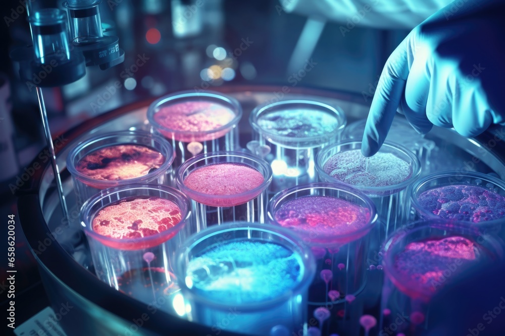 Sticker A person in a lab working with various colored liquids. This image can be used to depict scientific research, experimentation, or a laboratory setting.