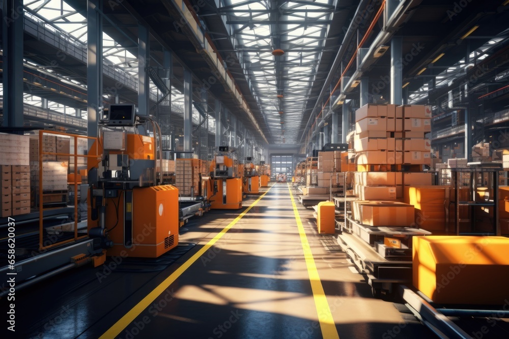 Poster a large warehouse filled with numerous boxes. ideal for illustrating storage, logistics, or inventor