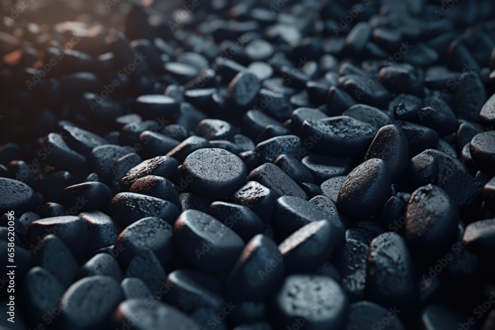 Poster a close-up view of a pile of black rocks. this image can be used to depict nature, geology, or as a 