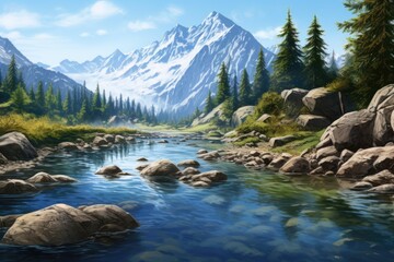 Fototapeta premium A serene painting of a mountain stream flowing through a scenic landscape with rocks and trees. Perfect for nature enthusiasts and those seeking a calming atmosphere. .