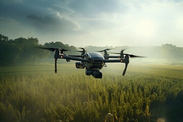 A drone is captured flying over a vast field of lush green grass. This image can be used to depict modern technology, aerial photography, or the beauty of nature from a unique perspective. - obrazy, fototapety, plakaty