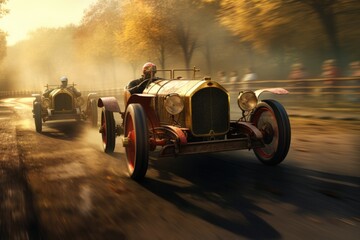 A man is driving a vintage car down a road. This picture can be used to depict classic cars, road trips, nostalgia, or transportation themes. - obrazy, fototapety, plakaty