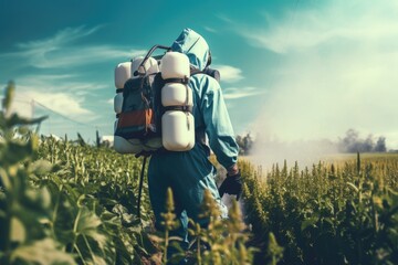 Obraz premium A person with a backpack walking through a field. This image can be used to depict outdoor activities, travel, exploration, or hiking.