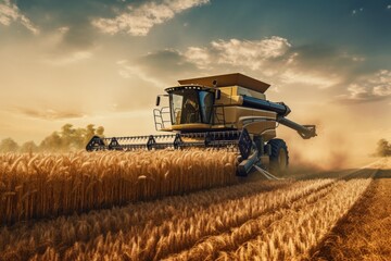 Obraz premium A powerful combine harvester in action, harvesting ripe wheat in a vast field. Perfect for agricultural and farming concepts.