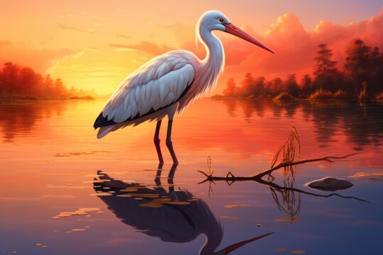 A white bird standing on top of a body of water. This picture can be used to depict serenity and tranquility.