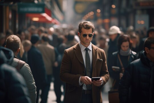A man dressed in a suit and wearing sunglasses stands confidently in the midst of a bustling street. This image can be used to depict a successful businessman or a stylish urban setting.